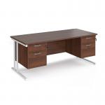 Maestro 25 straight desk 1800mm x 800mm with two x 2 drawer pedestals - white cantilever leg frame, walnut top MC18P22WHW