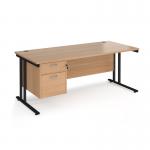 Maestro 25 straight desk 1800mm x 800mm with 2 drawer pedestal - black cantilever leg frame, beech top MC18P2KB
