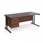 Maestro 25 straight desk 1800mm x 800mm with 2 drawer pedestal - black cantilever leg frame, walnut top MC18P2KW