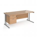 Maestro 25 straight desk 1800mm x 800mm with 2 drawer pedestal - silver cantilever leg frame, beech top MC18P2SB