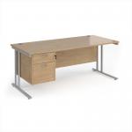 Maestro 25 straight desk 1800mm x 800mm with 2 drawer pedestal - silver cantilever leg frame, Kendal oak top MC18P2SKO