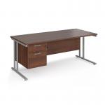 Maestro 25 straight desk 1800mm x 800mm with 2 drawer pedestal - silver cantilever leg frame, walnut top MC18P2SW