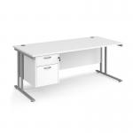 Maestro 25 straight desk 1800mm x 800mm with 2 drawer pedestal - silver cantilever leg frame, white top MC18P2SWH