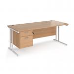 Maestro 25 straight desk 1800mm x 800mm with 2 drawer pedestal - white cantilever leg frame, beech top MC18P2WHB