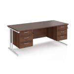Maestro 25 straight desk 1800mm x 800mm with two x 3 drawer pedestals - white cantilever leg frame, walnut top MC18P33WHW