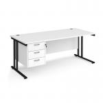 Maestro 25 straight desk 1800mm x 800mm with 3 drawer pedestal - black cantilever leg frame, white top MC18P3KWH