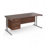 Maestro 25 straight desk 1800mm x 800mm with 3 drawer pedestal - silver cantilever leg frame, walnut top MC18P3SW