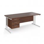 Maestro 25 straight desk 1800mm x 800mm with 3 drawer pedestal - white cantilever leg frame, walnut top MC18P3WHW