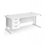 Maestro 25 straight desk 1800mm x 800mm with 3 drawer pedestal - white cantilever leg frame, white top MC18P3WHWH