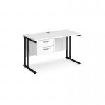 Maestro 25 straight desk 1200mm x 600mm with 2 drawer pedestal - black cantilever leg frame, white top MC612P2KWH
