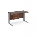 Maestro 25 straight desk 1200mm x 600mm with 2 drawer pedestal - silver cantilever leg frame, walnut top MC612P2SW