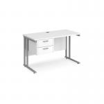 Maestro 25 straight desk 1200mm x 600mm with 2 drawer pedestal - silver cantilever leg frame, white top MC612P2SWH
