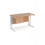 Maestro 25 straight desk 1200mm x 600mm with 2 drawer pedestal - white cantilever leg frame, beech top MC612P2WHB