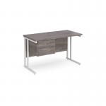 Maestro 25 straight desk 1200mm x 600mm with 2 drawer pedestal - white cantilever leg frame leg, grey oak top MC612P2WHGO