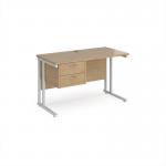 Maestro 25 straight desk 1200mm x 600mm with 2 drawer pedestal - white cantilever leg frame, Kendal oak top MC612P2WHKO
