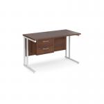 Maestro 25 straight desk 1200mm x 600mm with 2 drawer pedestal - white cantilever leg frame, walnut top MC612P2WHW