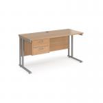 Maestro 25 straight desk 1400mm x 600mm with 2 drawer pedestal - silver cantilever leg frame, beech top MC614P2SB