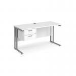 Maestro 25 straight desk 1400mm x 600mm with 2 drawer pedestal - silver cantilever leg frame, white top MC614P2SWH