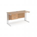 Maestro 25 straight desk 1400mm x 600mm with 2 drawer pedestal - white cantilever leg frame, beech top MC614P2WHB