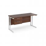 Maestro 25 straight desk 1400mm x 600mm with 2 drawer pedestal - white cantilever leg frame, walnut top MC614P2WHW