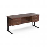 Maestro 25 straight desk 1600mm x 600mm with two x 2 drawer pedestals - black cantilever leg frame, walnut top MC616P22KW