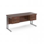 Maestro 25 straight desk 1600mm x 600mm with two x 2 drawer pedestals - silver cantilever leg frame, walnut top MC616P22SW