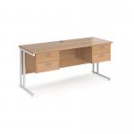 Maestro 25 straight desk 1600mm x 600mm with two x 2 drawer pedestals - white cantilever leg frame, beech top MC616P22WHB