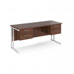 Maestro 25 straight desk 1600mm x 600mm with two x 2 drawer pedestals - white cantilever leg frame, walnut top MC616P22WHW