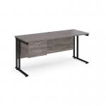 Maestro 25 straight desk 1600mm x 600mm with 2 drawer pedestal - black cantilever leg frame leg, grey oak top MC616P2KGO