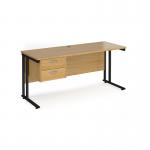 Maestro 25 straight desk 1600mm x 600mm with 2 drawer pedestal - black cantilever leg frame, oak top MC616P2KO