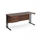 Maestro 25 straight desk 1600mm x 600mm with 2 drawer pedestal - black cantilever leg frame, walnut top MC616P2KW