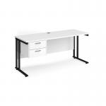 Maestro 25 straight desk 1600mm x 600mm with 2 drawer pedestal - black cantilever leg frame, white top MC616P2KWH