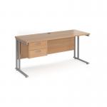 Maestro 25 straight desk 1600mm x 600mm with 2 drawer pedestal - silver cantilever leg frame, beech top MC616P2SB