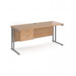 Maestro 25 straight desk 1600mm x 600mm with 2 drawer pedestal - silver cantilever leg frame, beech top MC616P2SB