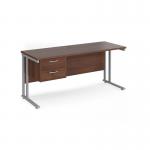 Maestro 25 straight desk 1600mm x 600mm with 2 drawer pedestal - silver cantilever leg frame, walnut top MC616P2SW