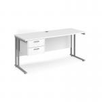 Maestro 25 straight desk 1600mm x 600mm with 2 drawer pedestal - silver cantilever leg frame, white top MC616P2SWH
