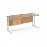 Maestro 25 straight desk 1600mm x 600mm with 2 drawer pedestal - white cantilever leg frame, beech top MC616P2WHB