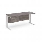 Maestro 25 straight desk 1600mm x 600mm with 2 drawer pedestal - white cantilever leg frame leg, grey oak top MC616P2WHGO