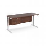 Maestro 25 straight desk 1600mm x 600mm with 2 drawer pedestal - white cantilever leg frame, walnut top MC616P2WHW