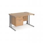 Maestro 25 straight desk 1200mm x 800mm with 2 drawer pedestal - silver cable managed leg frame, beech top MCM12P2SB