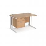 Maestro 25 straight desk 1200mm x 800mm with 2 drawer pedestal - white cable managed leg frame, beech top MCM12P2WHB