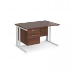 Maestro 25 straight desk 1200mm x 800mm with 2 drawer pedestal - white cable managed leg frame, walnut top MCM12P2WHW