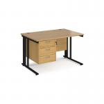 Maestro 25 straight desk 1200mm x 800mm with 3 drawer pedestal - black cable managed leg frame, oak top MCM12P3KO