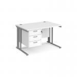 Maestro 25 straight desk 1200mm x 800mm with 3 drawer pedestal - silver cable managed leg frame, white top MCM12P3SWH