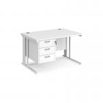 Maestro 25 straight desk 1200mm x 800mm with 3 drawer pedestal - white cable managed leg frame, white top MCM12P3WHWH