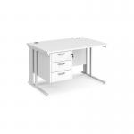 Maestro 25 straight desk 1200mm x 800mm with 3 drawer pedestal - white cable managed leg frame, white top MCM12P3WHWH