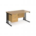 Maestro 25 straight desk 1400mm x 800mm with 2 drawer pedestal - black cable managed leg frame, oak top MCM14P2KO