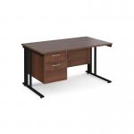 Maestro 25 straight desk 1400mm x 800mm with 2 drawer pedestal - black cable managed leg frame, walnut top MCM14P2KW