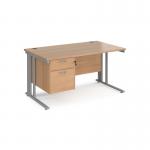 Maestro 25 straight desk 1400mm x 800mm with 2 drawer pedestal - silver cable managed leg frame, beech top MCM14P2SB
