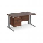 Maestro 25 straight desk 1400mm x 800mm with 2 drawer pedestal - silver cable managed leg frame, walnut top MCM14P2SW